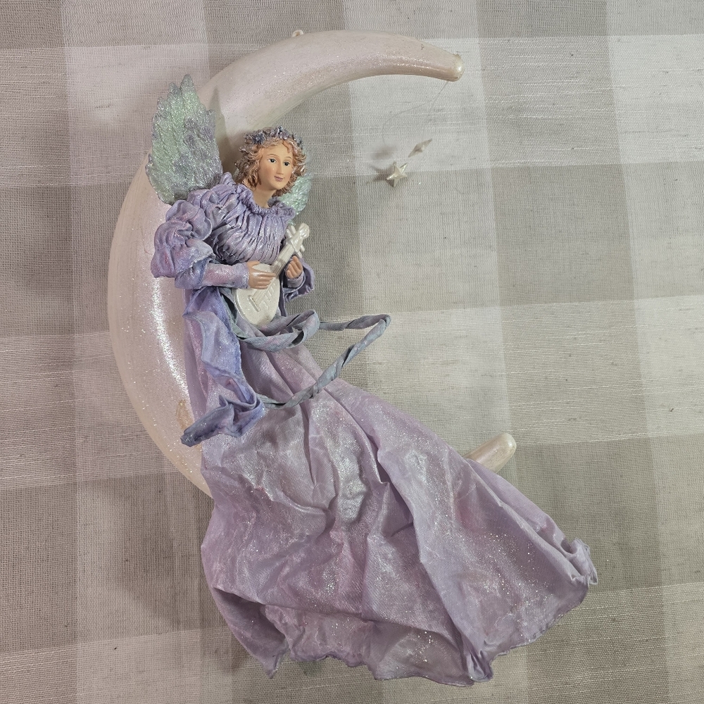 Moon, stars, and Angel w/ Lute Hanging Decor 14" Purple Mystical Fantasy